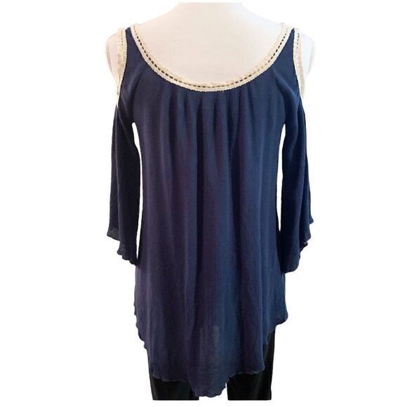 WOMEN’S Grey & Gray blue boho cold shoulder top - Picture 5 of 8